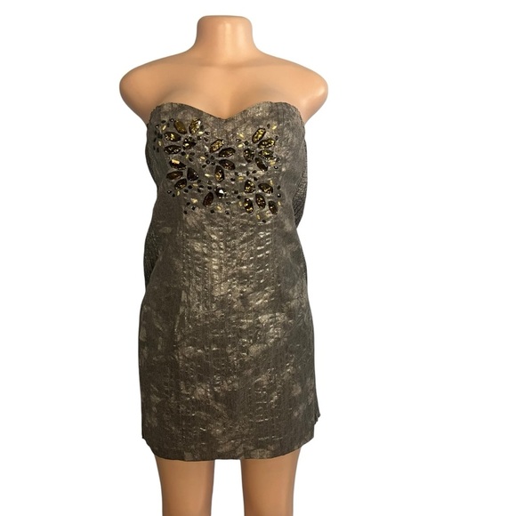 Mark & James Badgley Mischka Grey Silver Metallic Beaded Strapless Dress - Picture 3 of 11